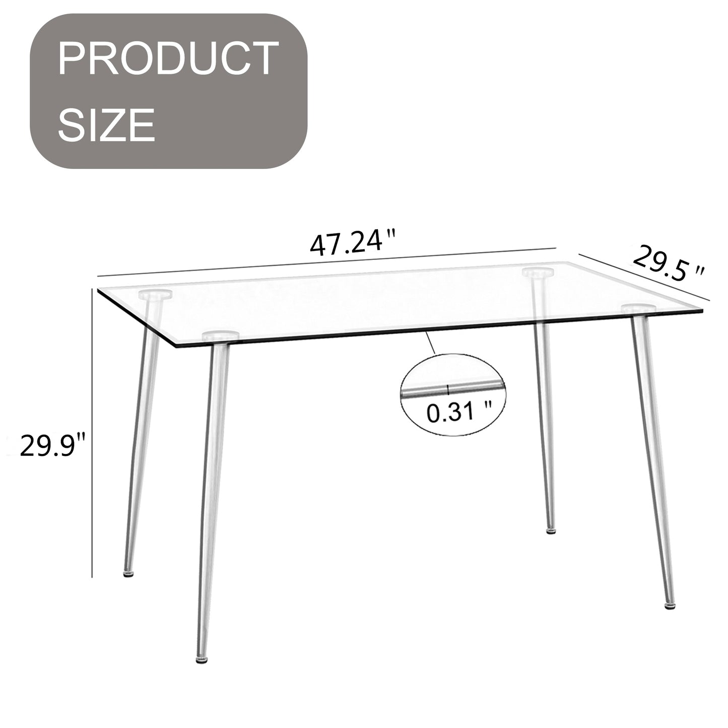 Modern Minimalist Rectangular Glass Dining Table for 4-6 with 0.31" Tempered Glass Tabletop and Silver Chrome Metal Legs, Writing Table Desk, for Kitchen Dining Living Room, 47" W x 29"D x 30" H