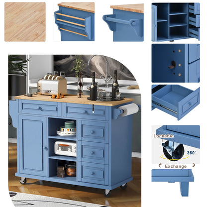 K&K kitchen cart with Rubber wood desktop rolling mobile kitchen island with storage and 5 draws 53 Inch width （Blue）