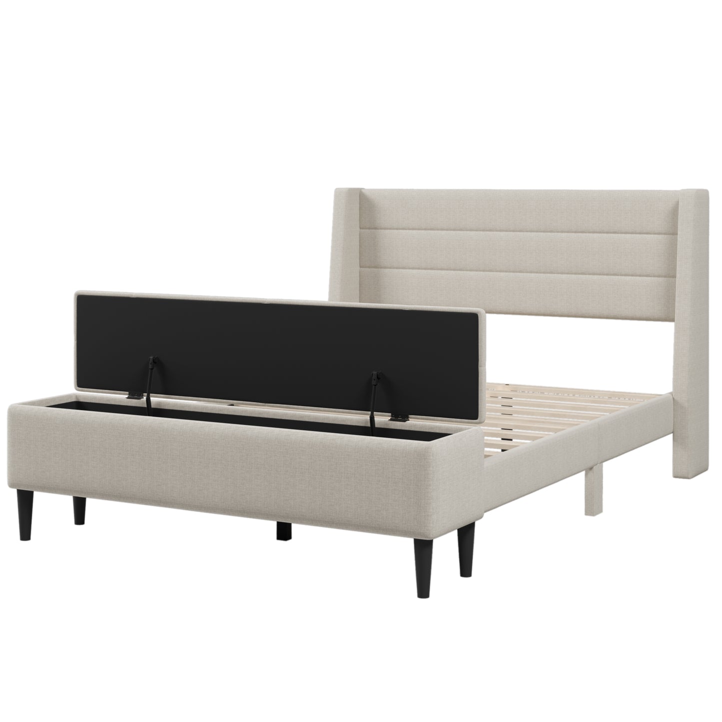 Upholstered Storage Bed Frame with Storage Ottoman Bench, No Box Spring Needed, Queen, Beige