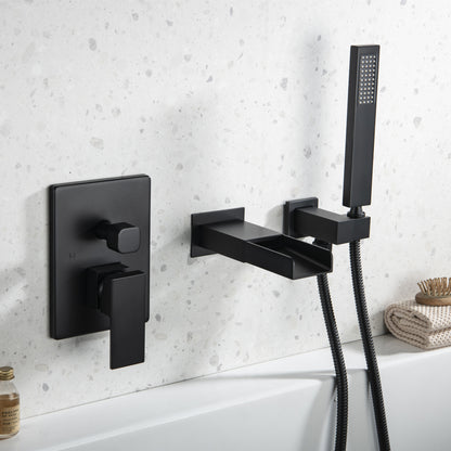 TrustMade Pressure-Balance Waterfall Single Handle Wall Mount Tub Faucet with Hand Shower, Matte Black - 2W01