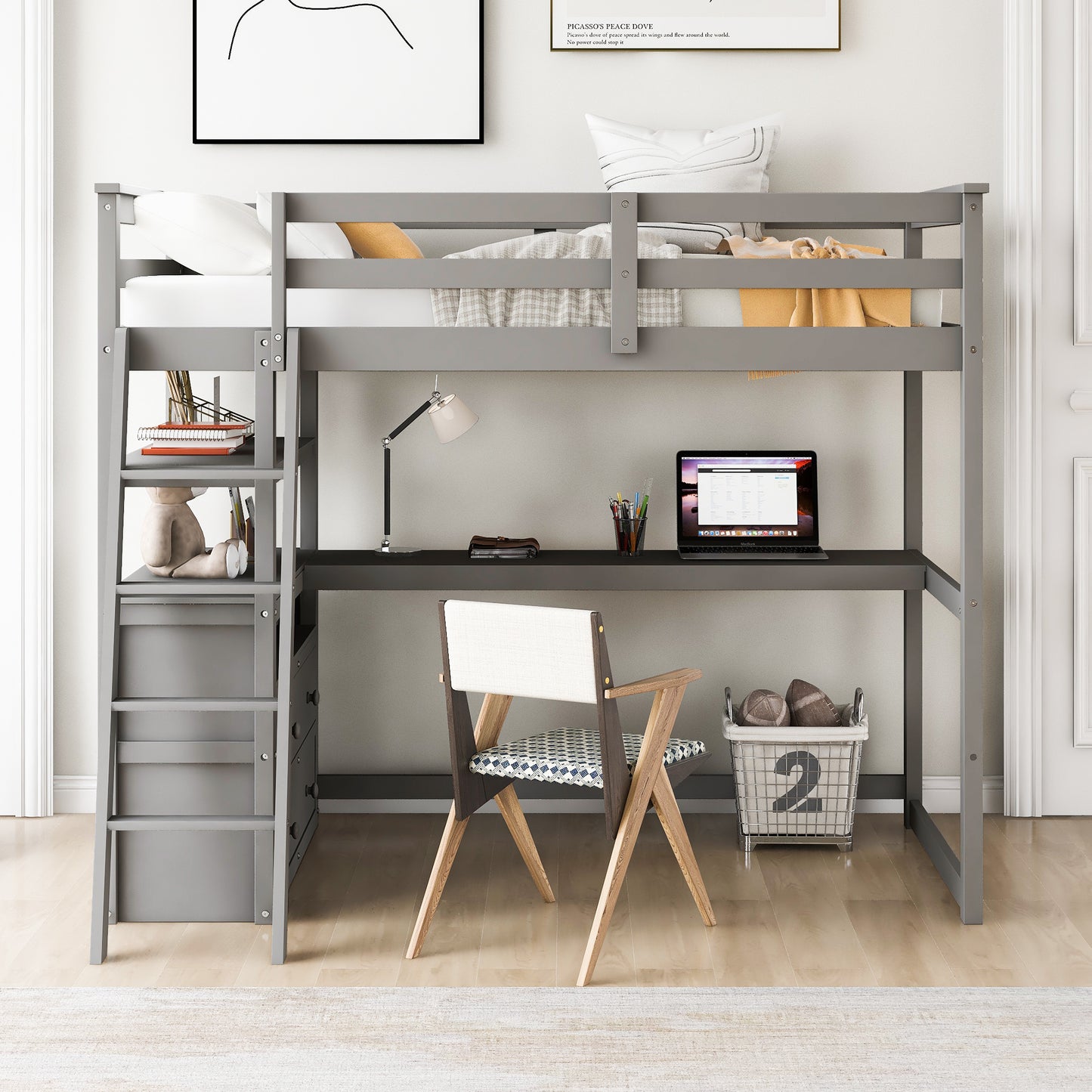 Twin Size Loft Bed with Desk and Shelves, Two Built-in Drawers, Gray(old SKU: GX000803AAE-1）