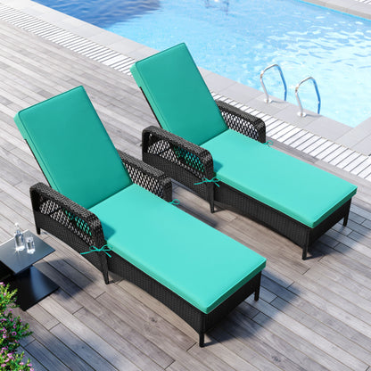GO Outdoor patio pool PE rattan wicker chair wicker sun lounger, Adjustable backrest, green cushion, Black wicker (2 sets)
