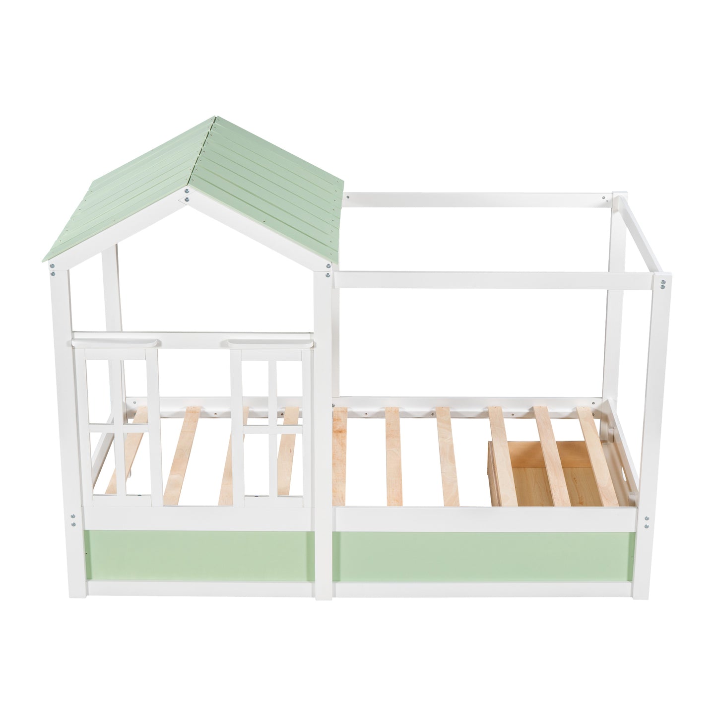 Twin Size House Bed with Roof, Window and Drawer - Green + White