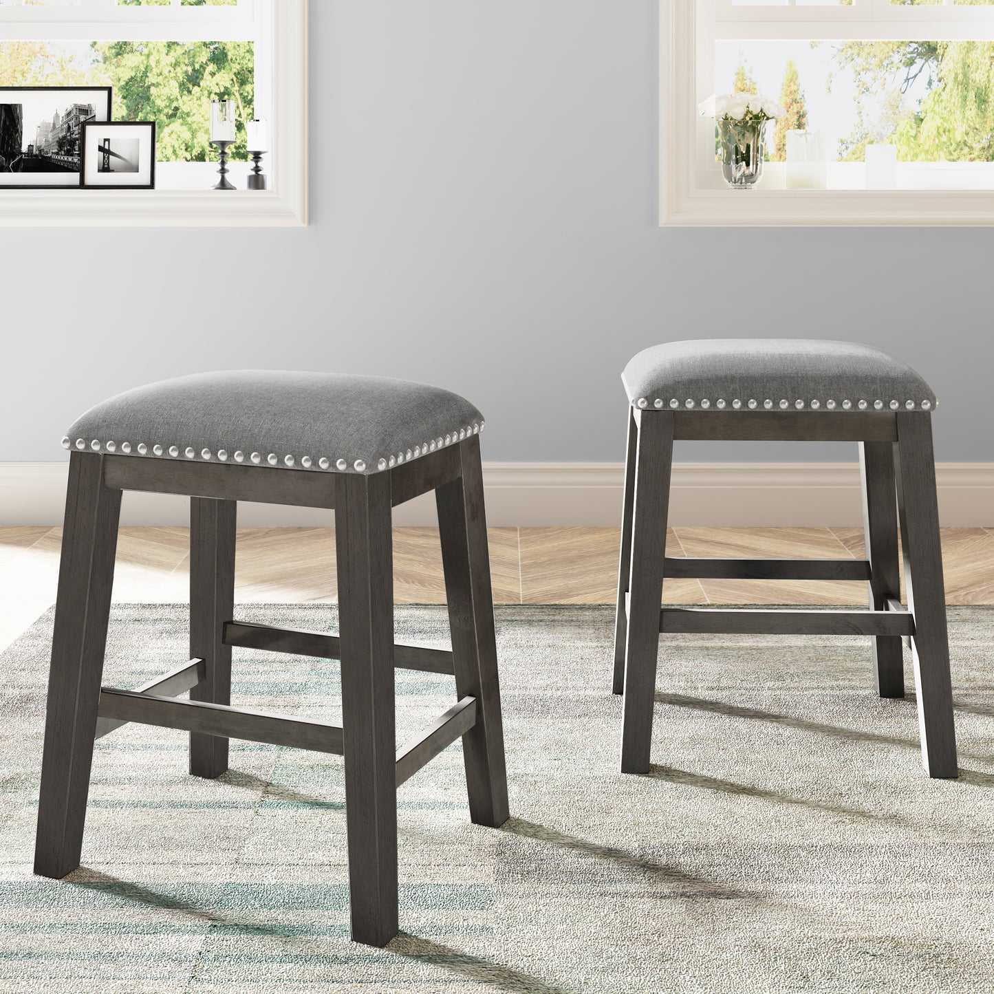 TOPMAX Rustic Farmhouse Dining Room Wooden Stools with Trim, Set of 2 ,Gray