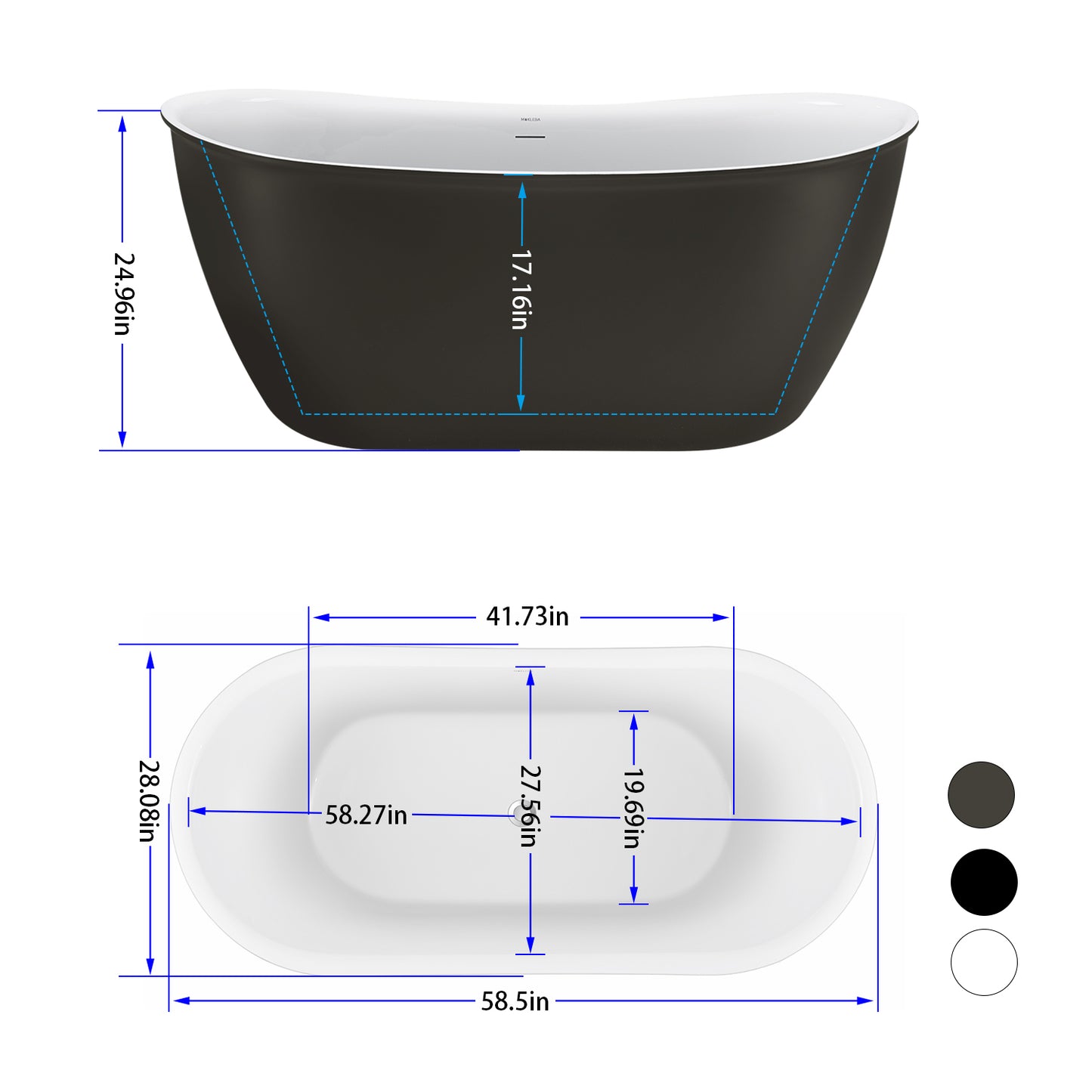 59" 100% Acrylic Freestanding Bathtub，Contemporary Soaking Tub，white inside and gray outside