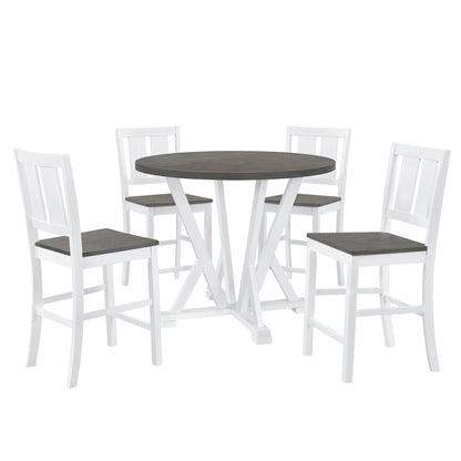 TOPMAX Rustic Farmhouse 5-Piece Counter Height Dining Table Set, Round Kitchen set with 4 Dining Chairs and Thick Tabletop, Grey