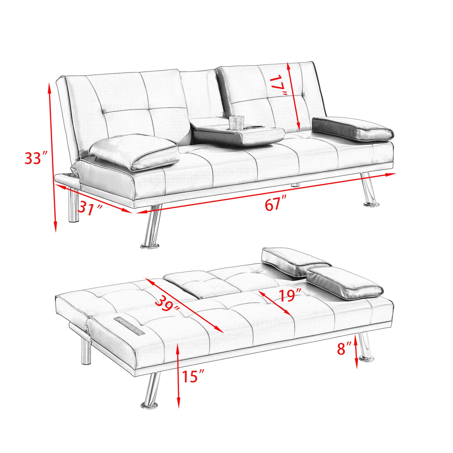 [New+Video] Grey Leather Multifunctional Double Folding Sofa Bed for Office with Coffee Table