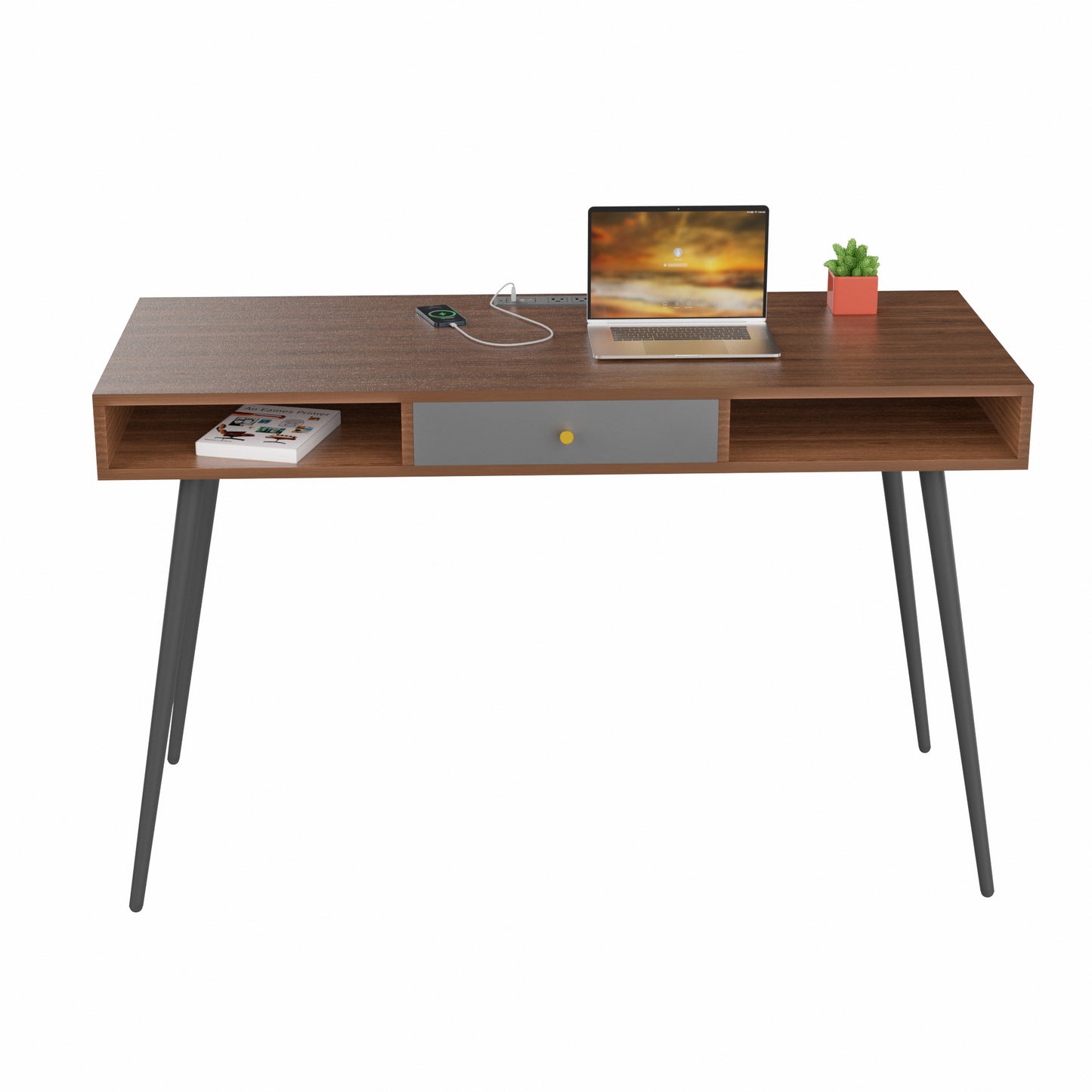 Mid Century Desk with USB Ports and Power Outlet, Modern Writing Study Desk with Drawers, Multifunctional Home Office Computer Desk Walnut