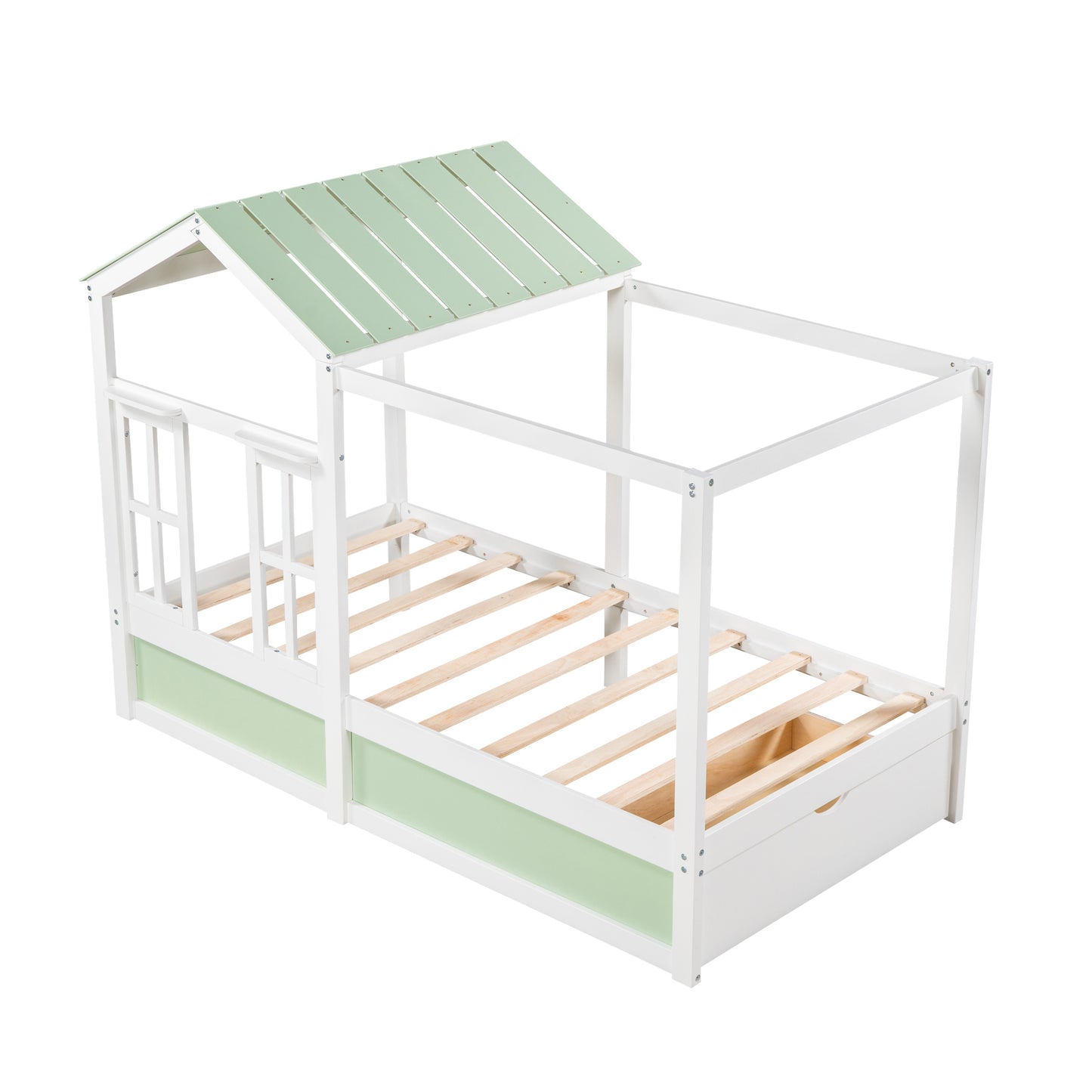 Twin Size House Bed with Roof, Window and Drawer - Green + White