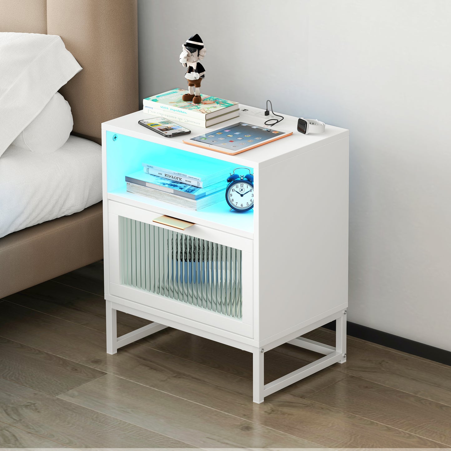 Nightstand with  LED Lights / Drawer, White Bedside Table for Bedroom