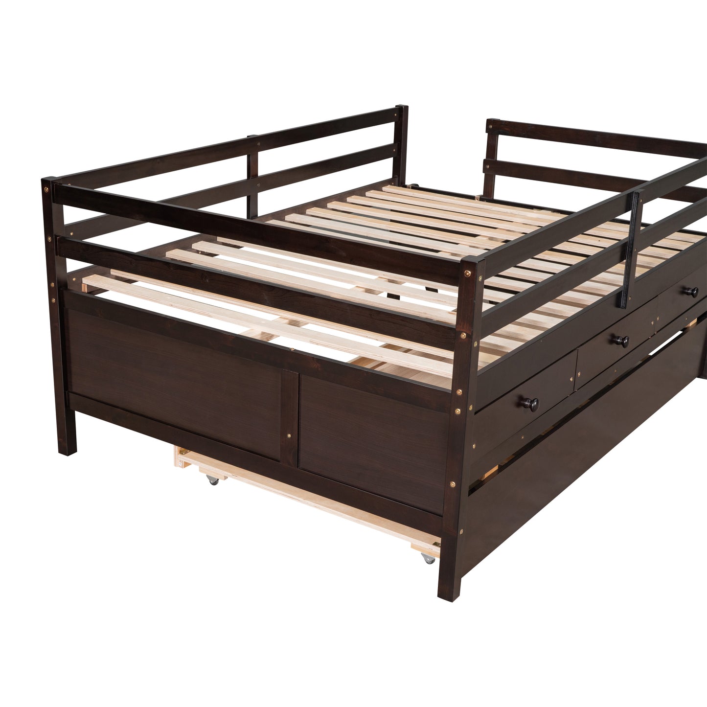 Low Loft Bed Full Size with Full Safety Fence, Climbing ladder, Storage Drawers and Trundle Espresso Solid Wood Bed