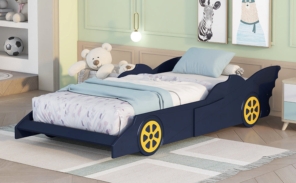 Twin Size Race Car-Shaped Platform Bed with Wheels,Blue+Yellow