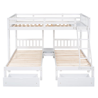 Full Over Twin & Twin Bunk Bed, Wood Triple Bunk Bed with Drawers and Guardrails  (White) （OLD SKU:LP000143AAK）