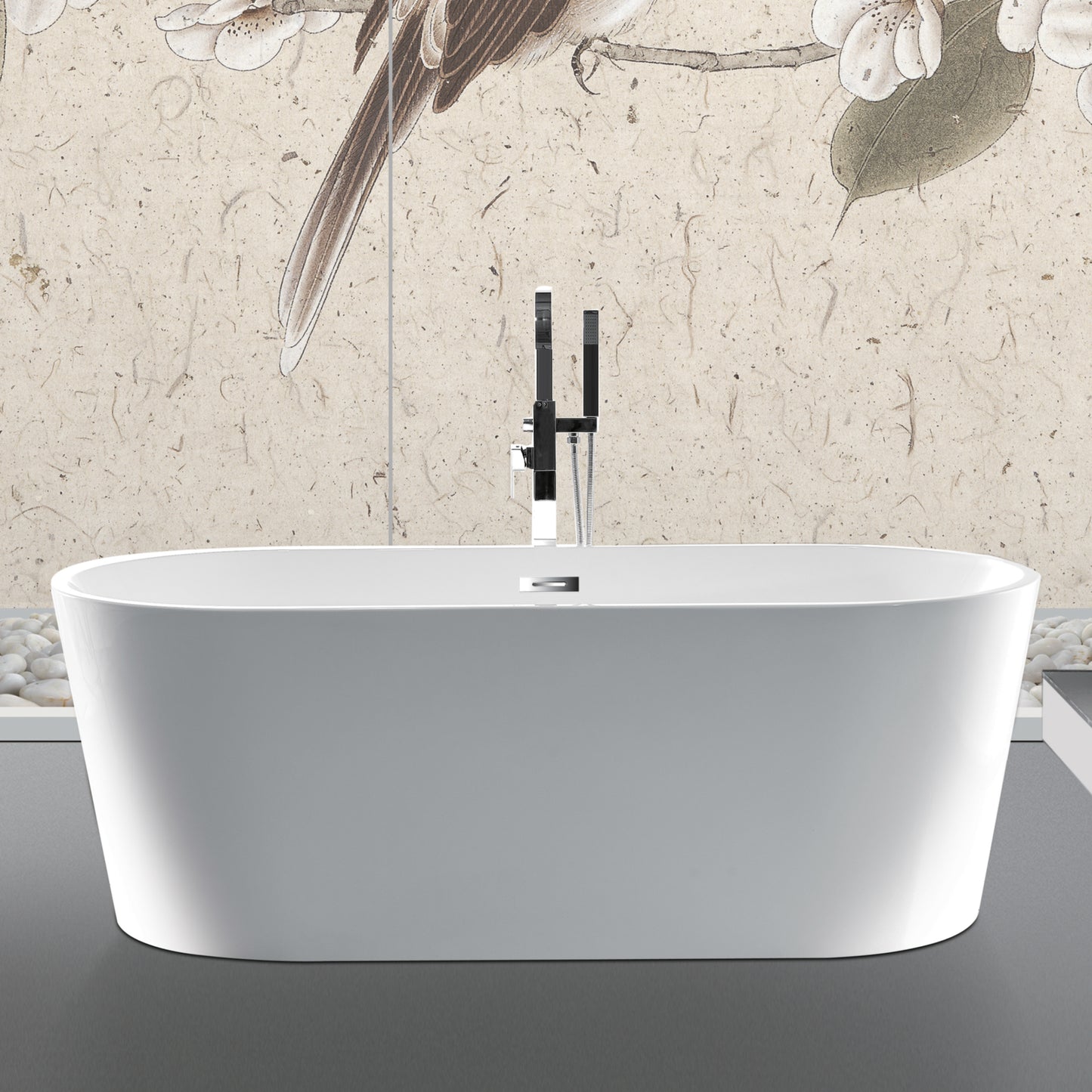 59" 100% Acrylic Freestanding Bathtub Contemporary Soaking Tub with Brushed Nickel Overflow and Drain