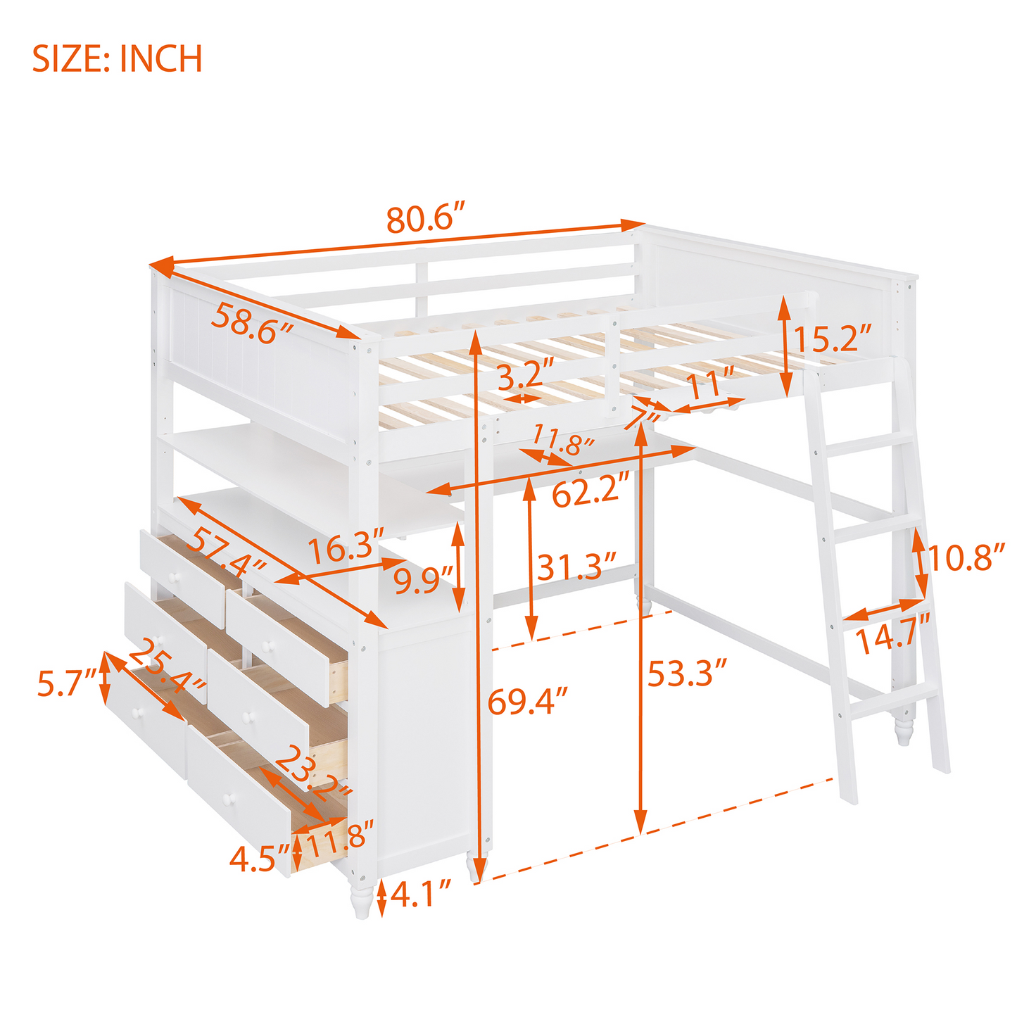 Full size Loft Bed with Drawers and Desk, Wooden Loft Bed with Shelves - White(OLD SKU:LT000529AAK)