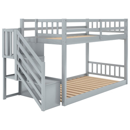 Twin over Twin Floor Bunk Bed, Ladder with Storage, Gray