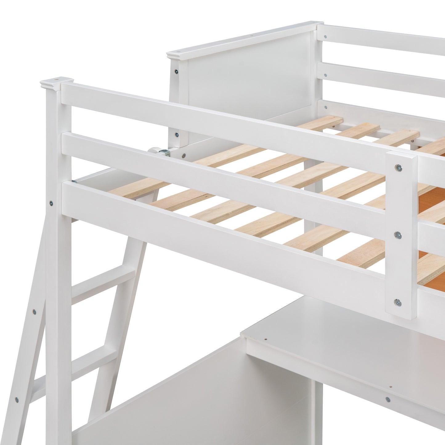 Twin size Loft Bed with Desk and Writing Board, Wooden Loft Bed with Desk - White