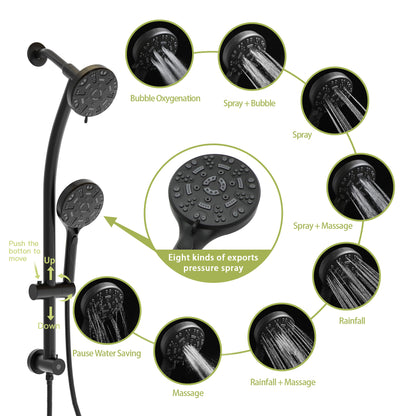 Multi Function Dual Shower Head - Shower System with 4.7" Rain Showerhead, 8-Function Hand Shower, Adjustable Slide Bar,Matte Black