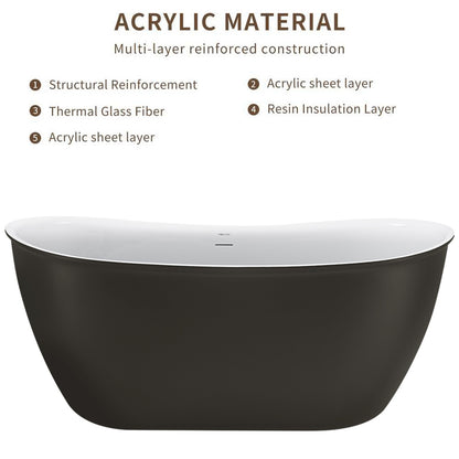 59" 100% Acrylic Freestanding Bathtub，Contemporary Soaking Tub，white inside and gray outside