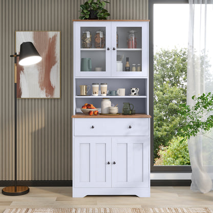 TREXM 70.9" Multifunctional Pantry Cabinet MDF Storage Cabinet with Glass Doors, A Large Drawer and Adjustable Shelves (White)