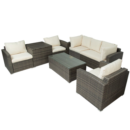 U_STYLE Patio Furniture Sets, 7-Piece Patio Wicker Sofa , Cushions, Chairs , a Loveseat , a Table and a Storage Box