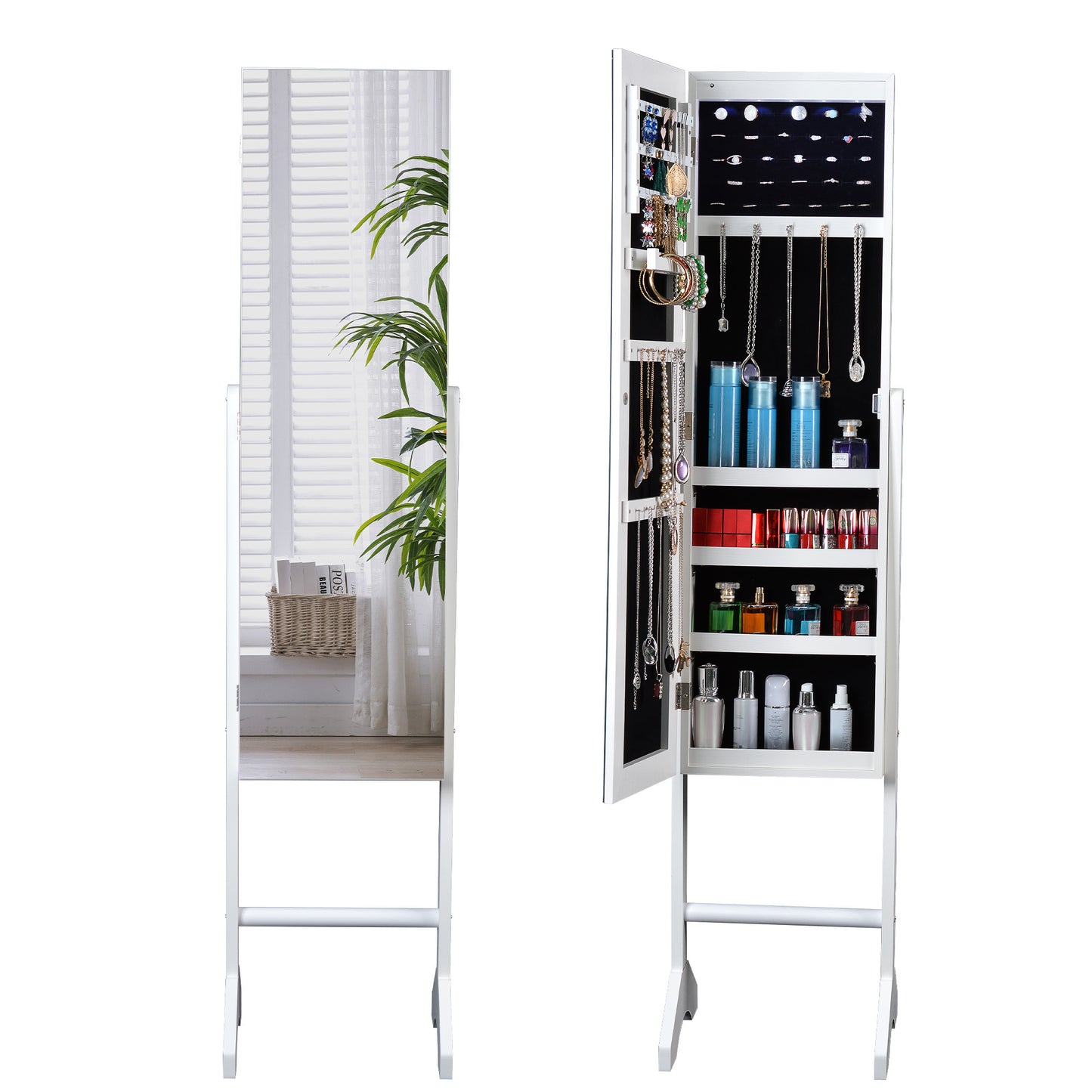 Full Mirror Fashion Simple Jewelry Storage Cabinet  With Led Light  Can Be Hung On The Door Or Wall