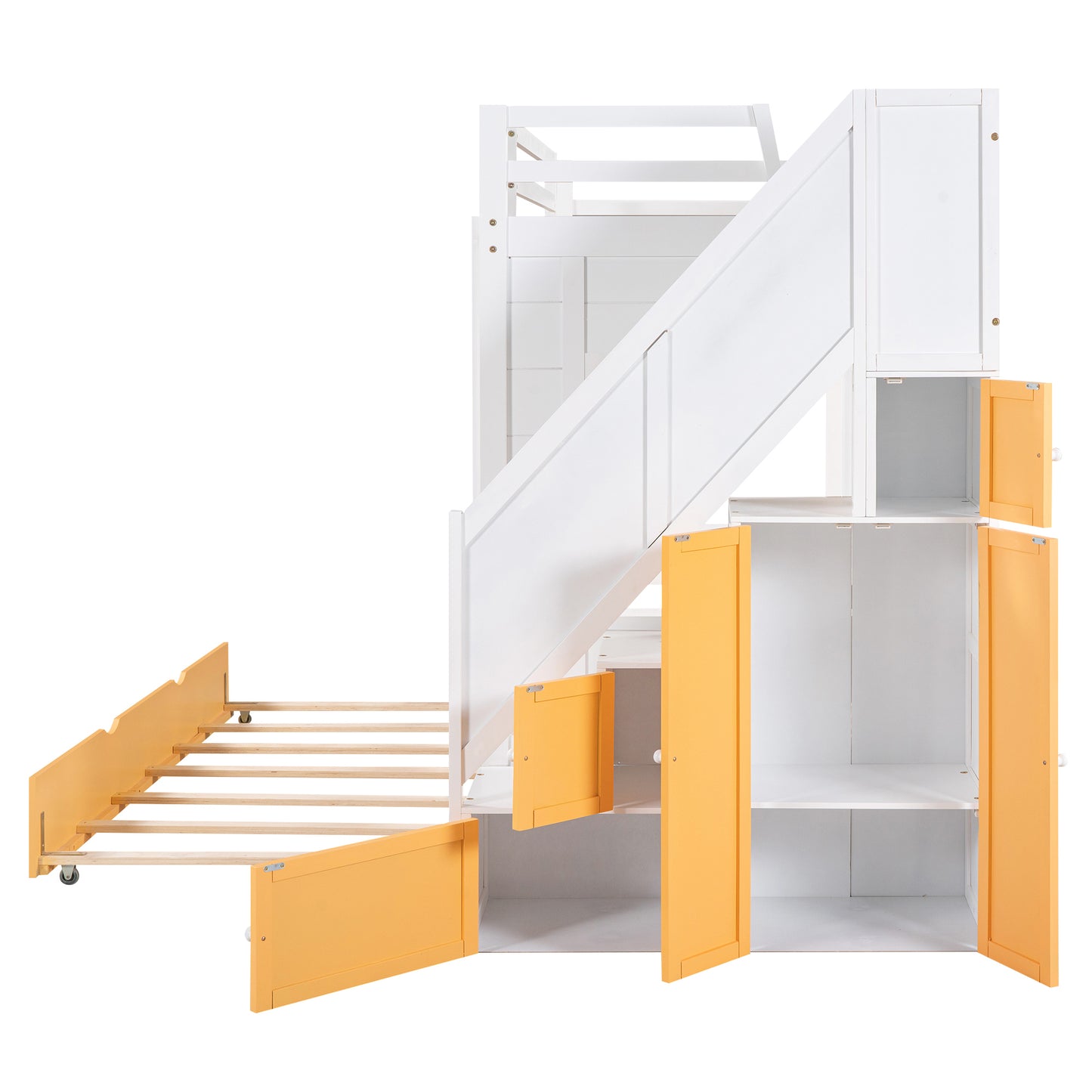 Twin Over Twin Bunk Bed with Trundle ,Stairs,Ladders Solid Wood Bunk bed with Storage Cabinet （White + Yellow）