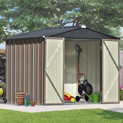 TOPMAX Patio 8ft x6ft Bike Shed Garden Shed, Metal Storage Shed with Lockable Doors, Tool Cabinet with Vents and Foundation Frame for Backyard, Lawn, Garden, Brown