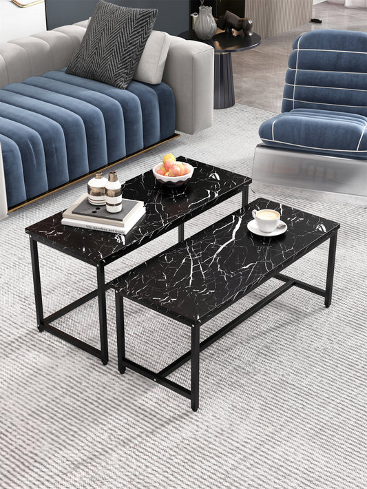 Modern Nesting Coffee  Tables Set, Marble BLACK, 2pc