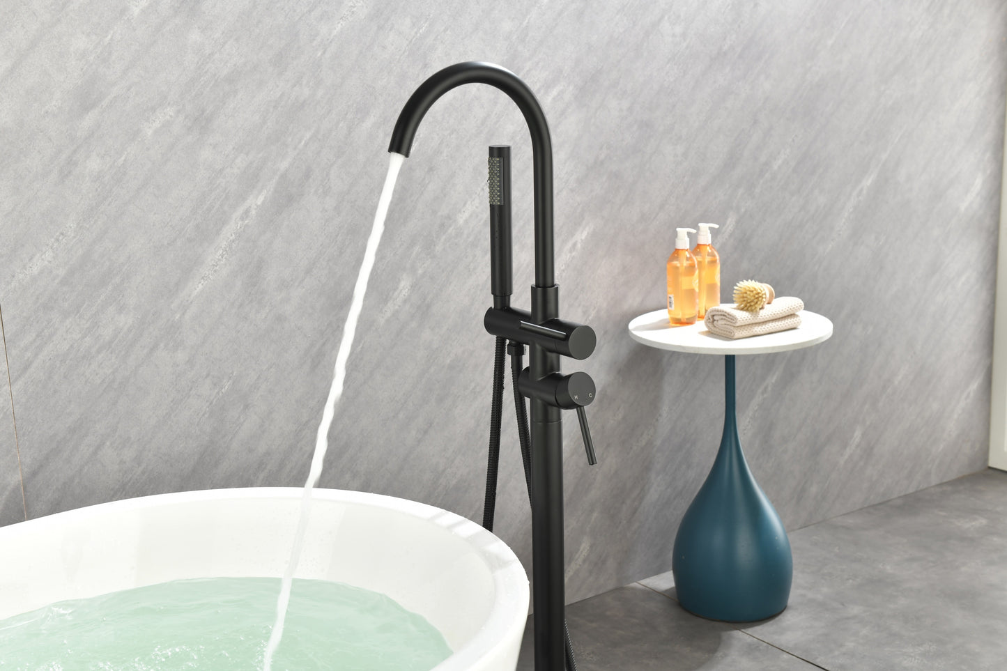 Mount Bathtub Faucet Freestanding Tub Filler Matte Black Standing High Flow Shower Faucets with Handheld Shower Mixer Taps Swivel Spout