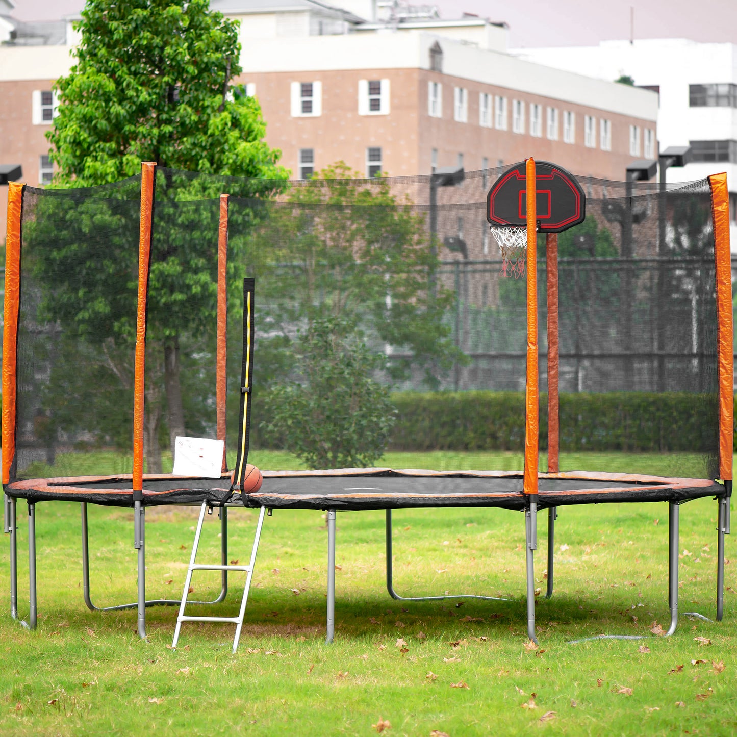 14FT Powder-coated Advanced Trampoline with Basketball Hoop Inflator and Ladder(Outer Safety Enclosure) Orange