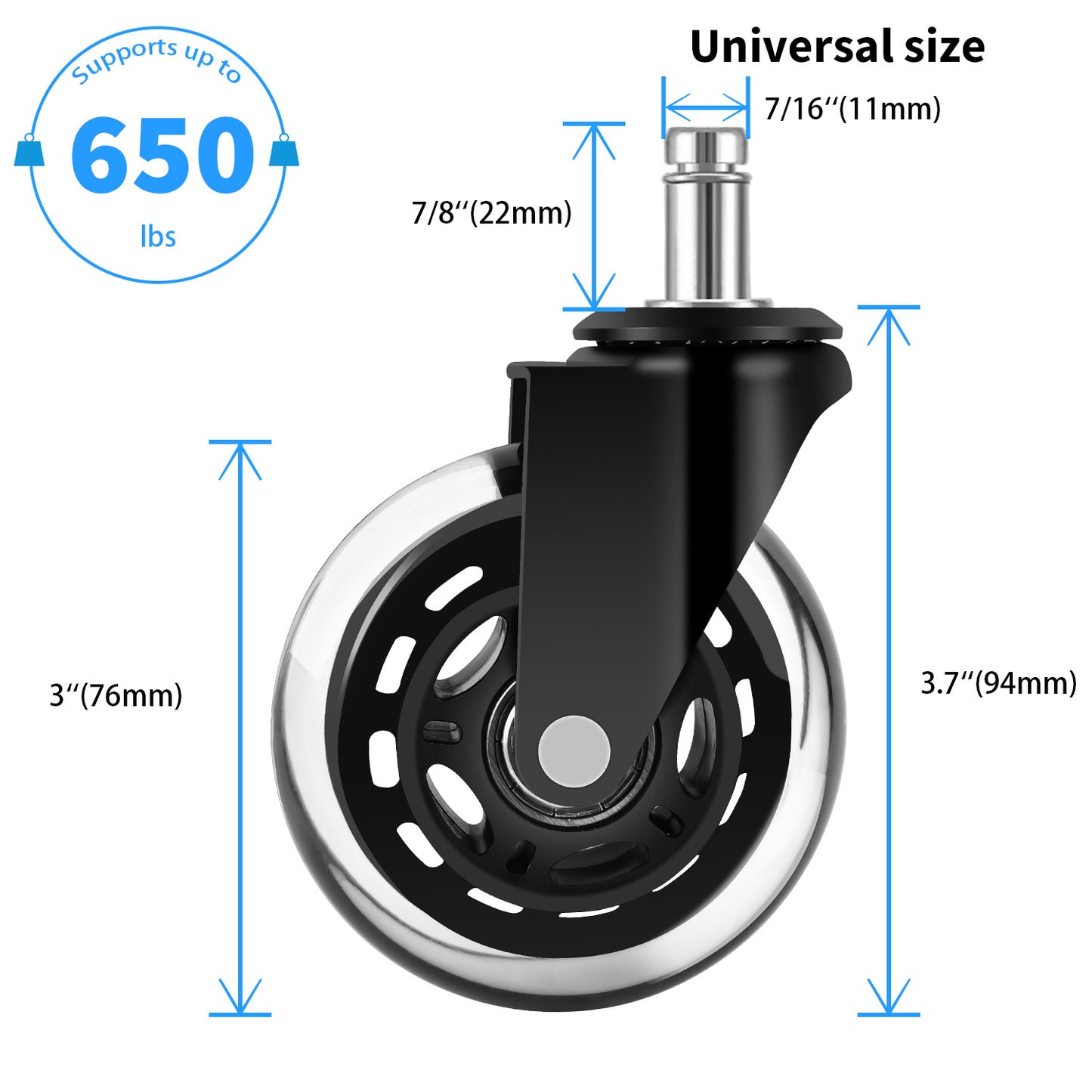 LPHY Office Chair Wheels (Set of 5) - 3'' Smooth Rolling Heavy Duty Casters - Safe for All Floors Including Hardwood - Universal Stem 7/16 Inch, Black