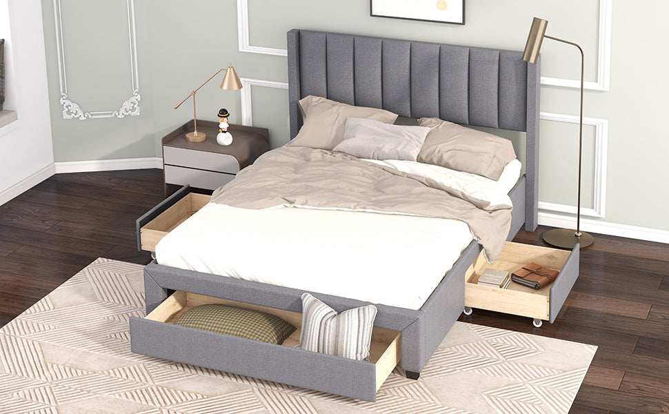 Full Size Upholstered Platform Bed with One Large Drawer in the Footboard and Drawer on Each Side,Gray