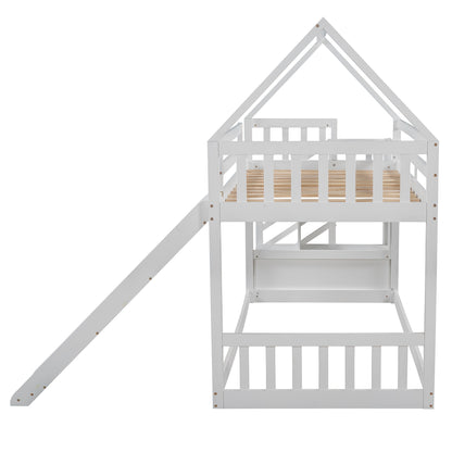 Twin over Twin House Bunk Bed with Slide and Storage Staircase,White