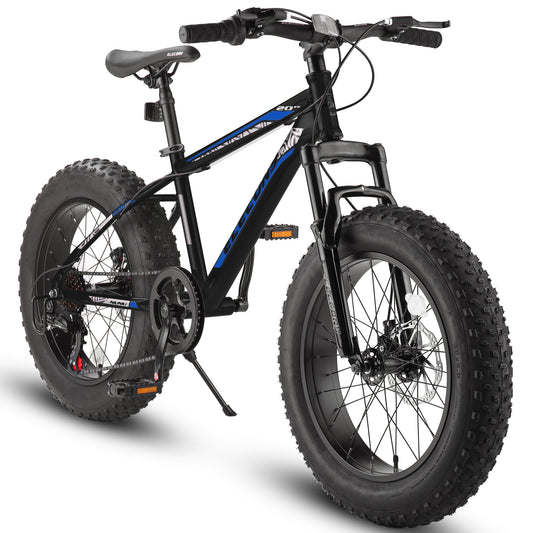 S20109  Elecony 20 Inch Fat Tire Bike Adult/Youth Full Shimano 7 Speed Mountain Bike, Dual Disc Brake, High-Carbon Steel Frame, Front Suspension, Mountain Trail Bike, Urban Commuter City Bicycle