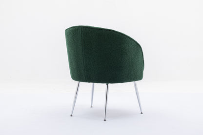 Soft Teddy Fabric Accent Armchair Dining Chair With Shining Electroplated Chrome Legs,Dark Green