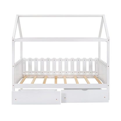 Twin Size House Bed with drawers, Fence-shaped Guardrail, White