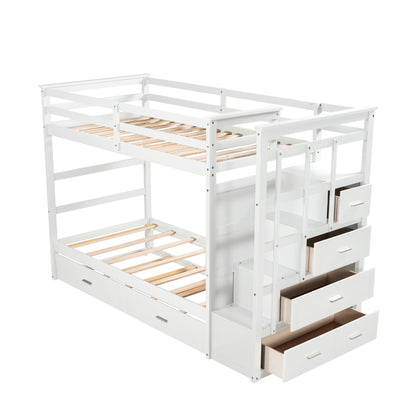 Solid Wood Bunk Bed, Hardwood Twin Over Twin Bunk Bed with Trundle and Staircase, Natural White Finish(OLD SKU :LP000068AAP)