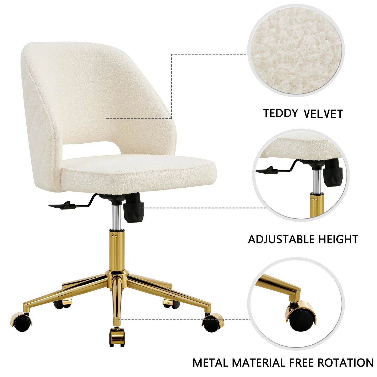 Modern Home Teddy Velvet Office Chairs, Adjustable 360 °Swivel Chair Engineering Plastic Armless Swivel Computer Chair With Wheels for Living Room, Bed Room Office Hotel Dining Room.White.