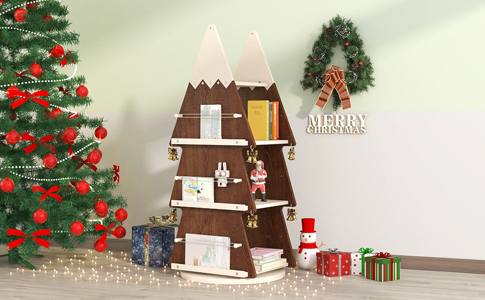 Christmas Rotating Bookshelf,Wooden Storage Rack for Kids Room, 360° Display Organizer for Study Room,Walnut+Cream