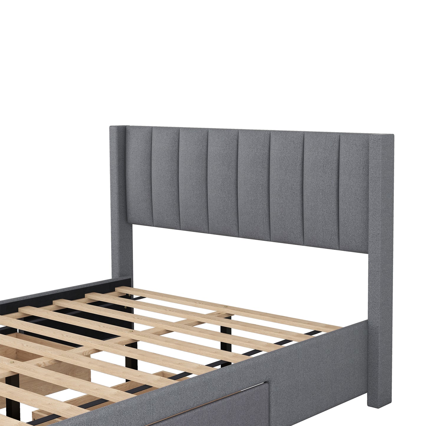 Full Size Upholstered Platform Bed with One Large Drawer in the Footboard and Drawer on Each Side,Gray