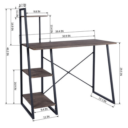 39.4"W X 19.5"D X 29.5"-46.3"H 4 Tier Storage Shelf Computer Desk, WALNUT & BLACK