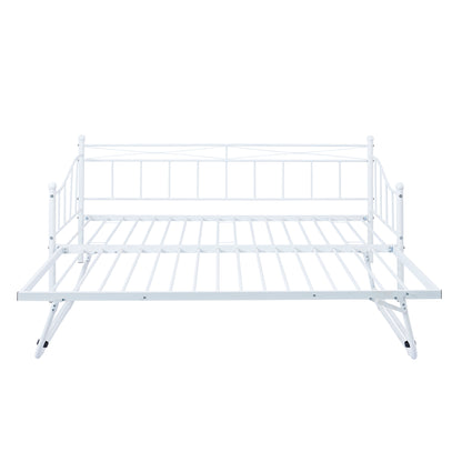 Twin Size Metal Daybed with Twin Size Adjustable Trundle, Portable Folding Trundle, White