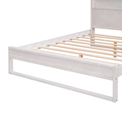 Platform Bed with Storage Headboard,Sockets and USB Ports,Queen Size Platform Bed,Antique White