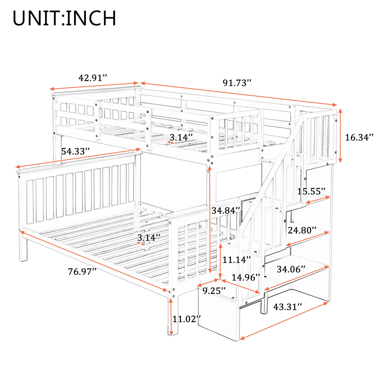 Stairway Twin-Over-Full Bunk Bed with Storage and Guard Rail for Bedroom, White color(OLD SKU :LP000019AAK)