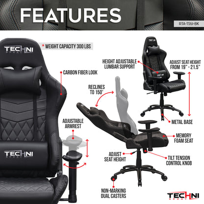 Techni Sport TS-5100 Ergonomic High Back Racer Style PC Gaming Chair, Black