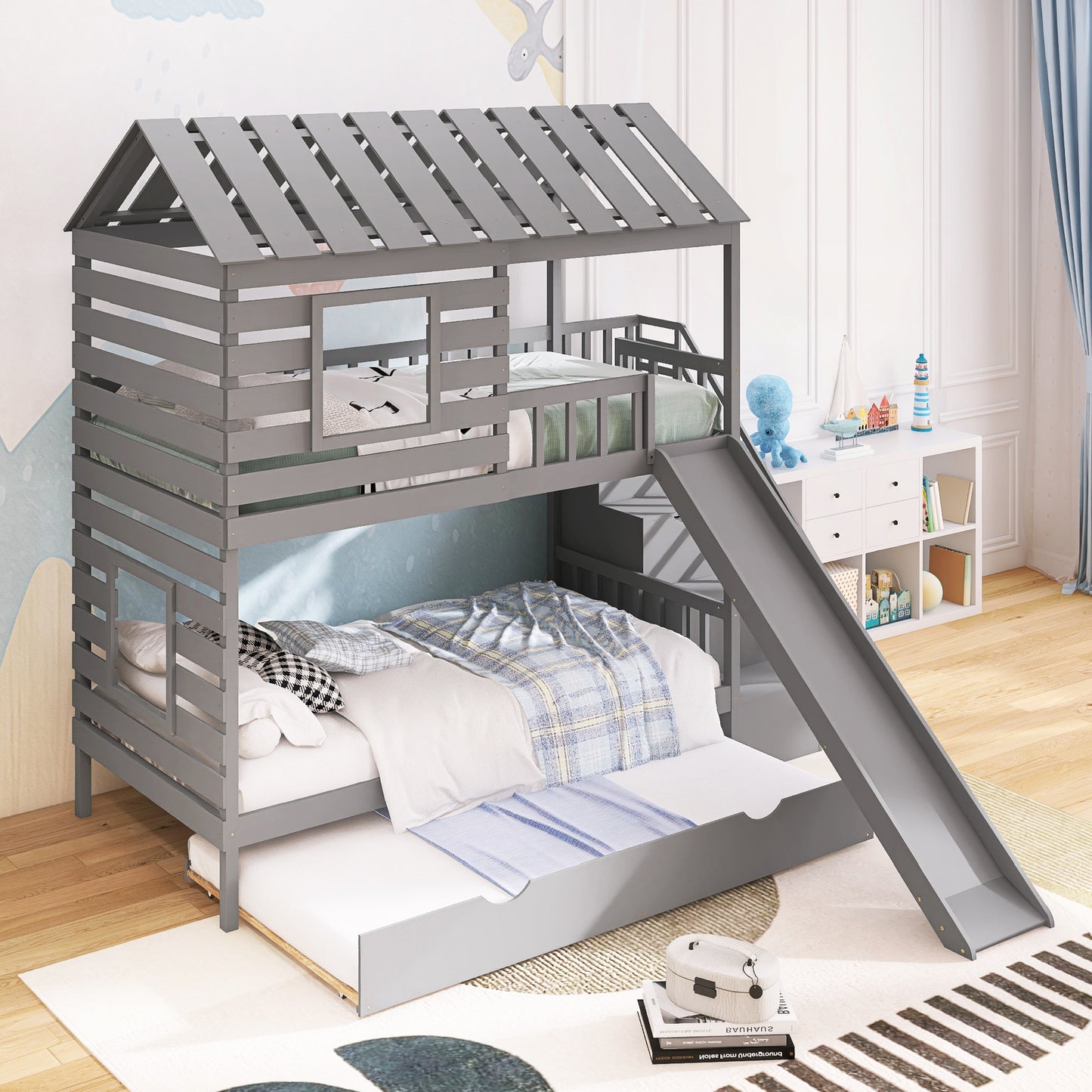 Twin over Twin House Bunk Bed with Trundle and Slide ,Storage Staircase,Roof and Window Design, Gray