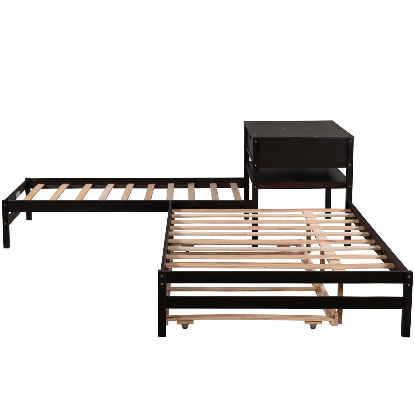 L-Shaped Full Size and Twin Size Platform Beds with Twin Size Trundle and Drawer Linked with Built-in Rectangle Table,Espresso