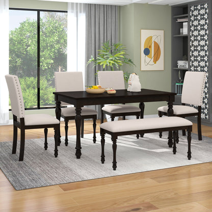 TREXM 6-Piece Wood Dining Table Set Rectangular Table with Turned Legs, 4 Upholstered Chairs and Bench for Dining Room (Espresso)