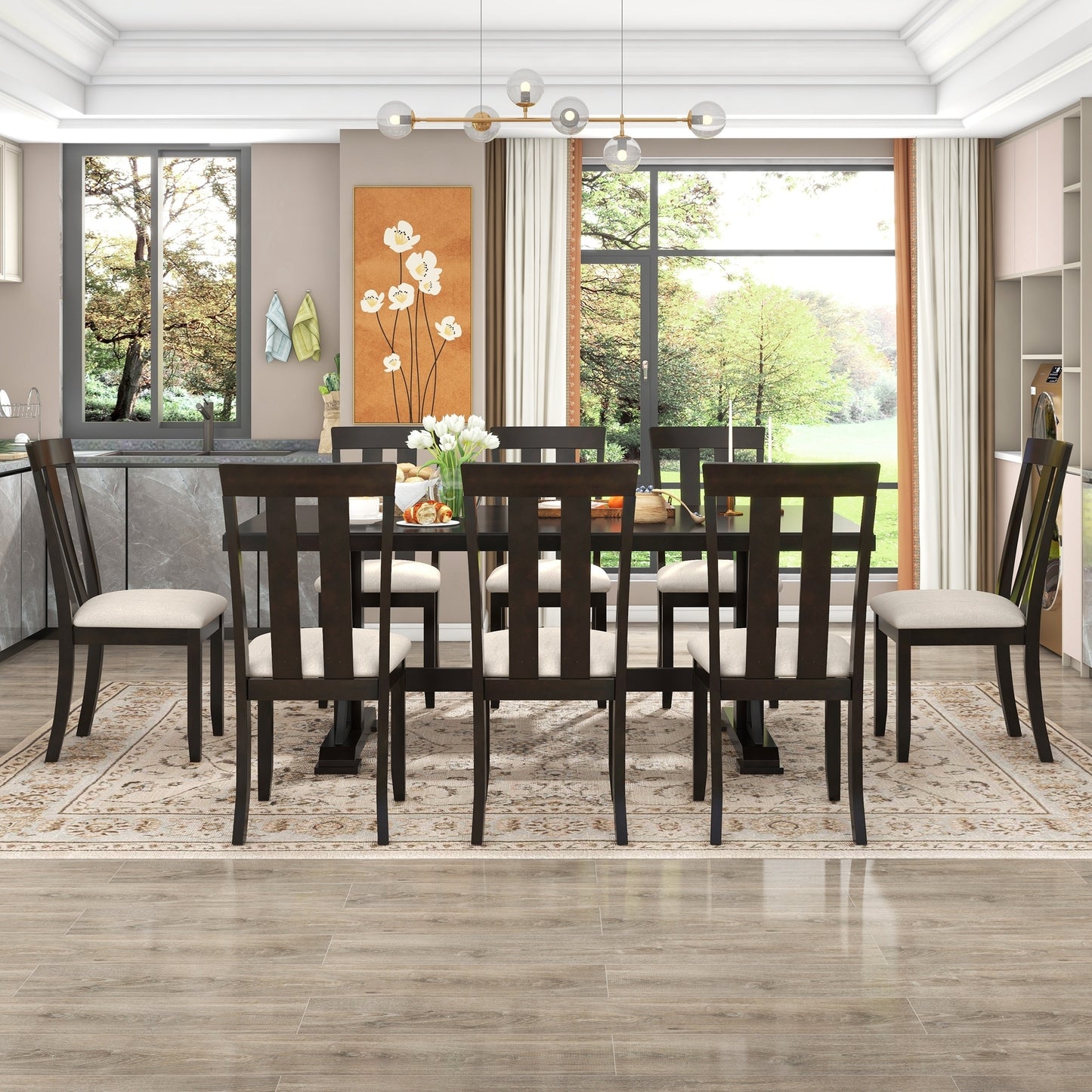 TREXM 9-Piece Retro Style Dining Table Set 78" Wood Rectangular Table and 8 Dining Chairs for Dining Room (Espresso)